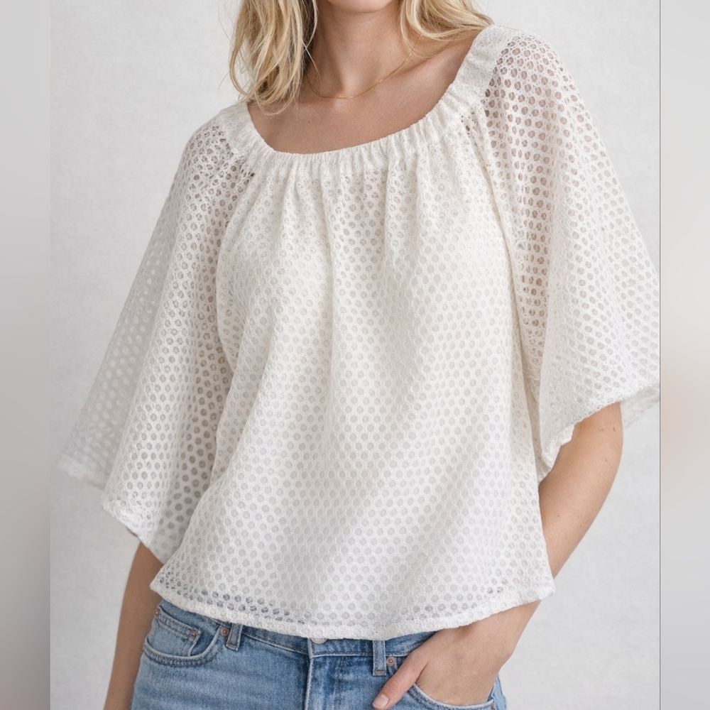 Maje Ecru Lace Blouse Size 1 Off White Eyelet Top Cropped Boho Romantic Parisian